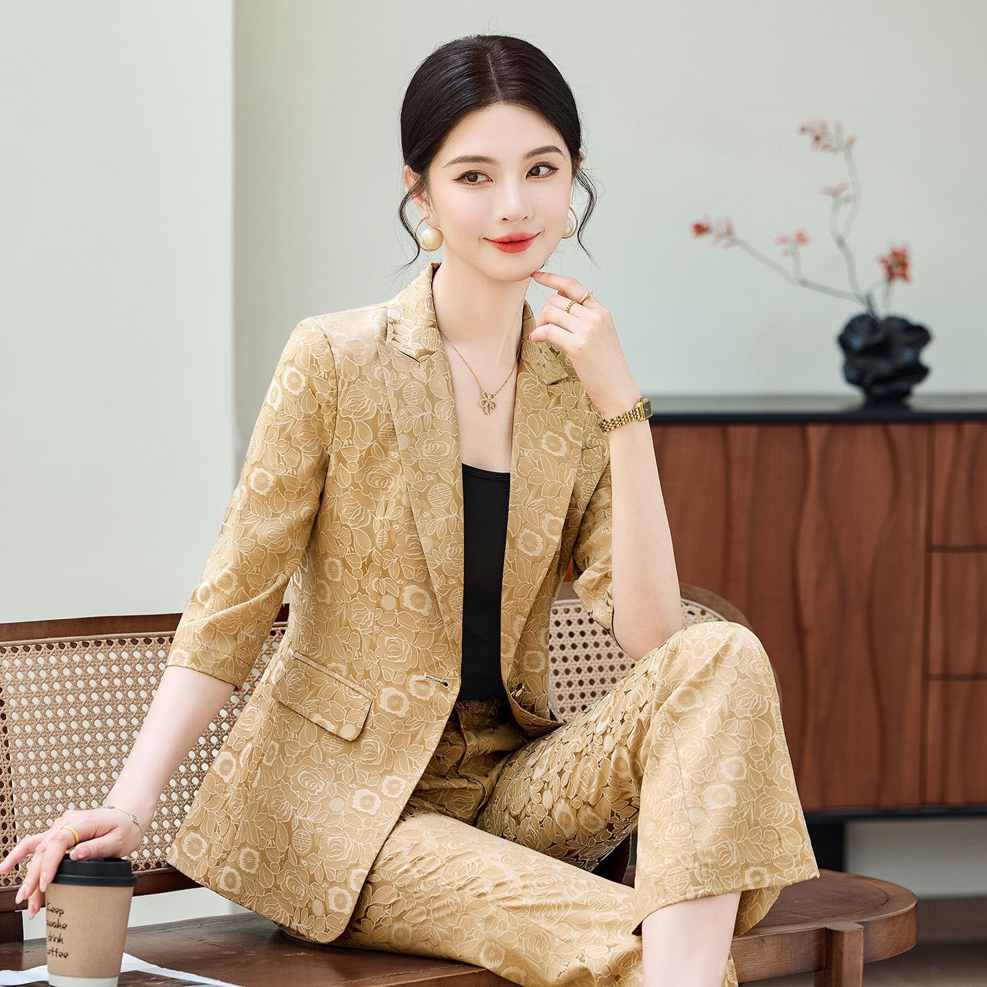 Women'S Elegant Formal Wear - Modischer Aprikosenfarbener Halbarm-Businessanzug für Damen, Neu