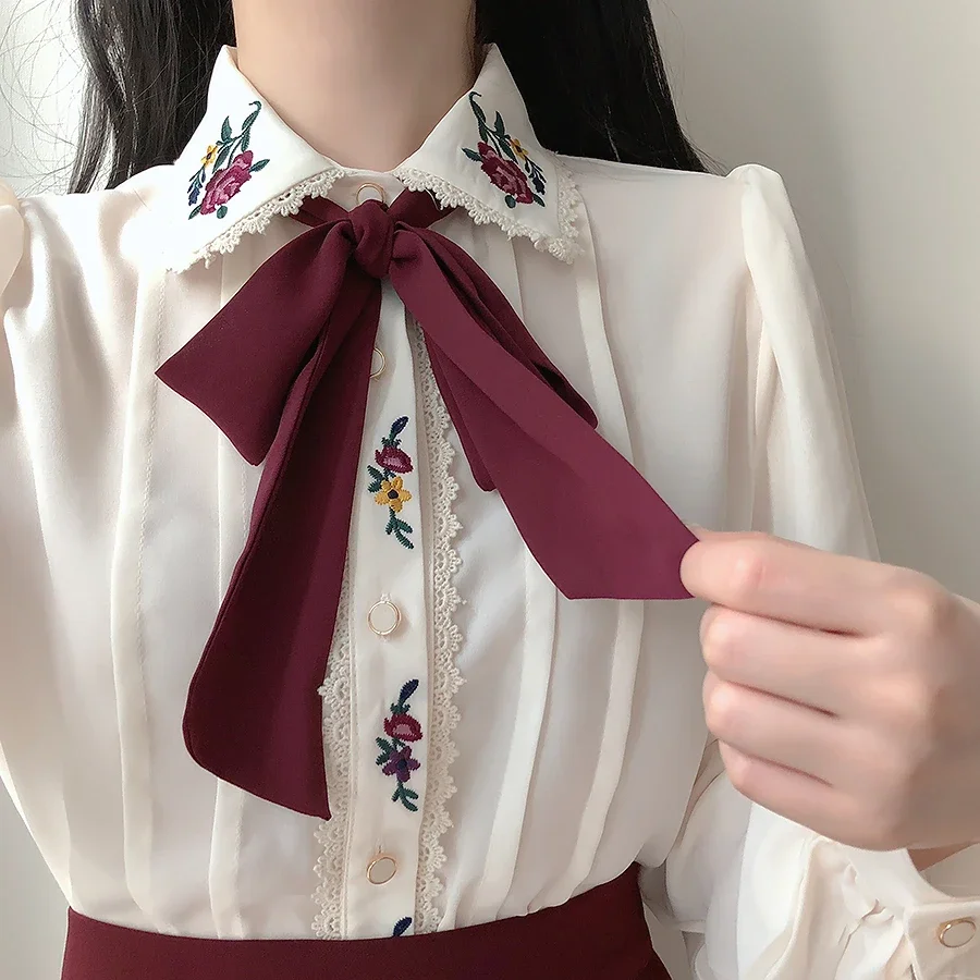 Women Formal Wear White Shirt - Retro Vintage Stickerei Fliege Tops Herbst