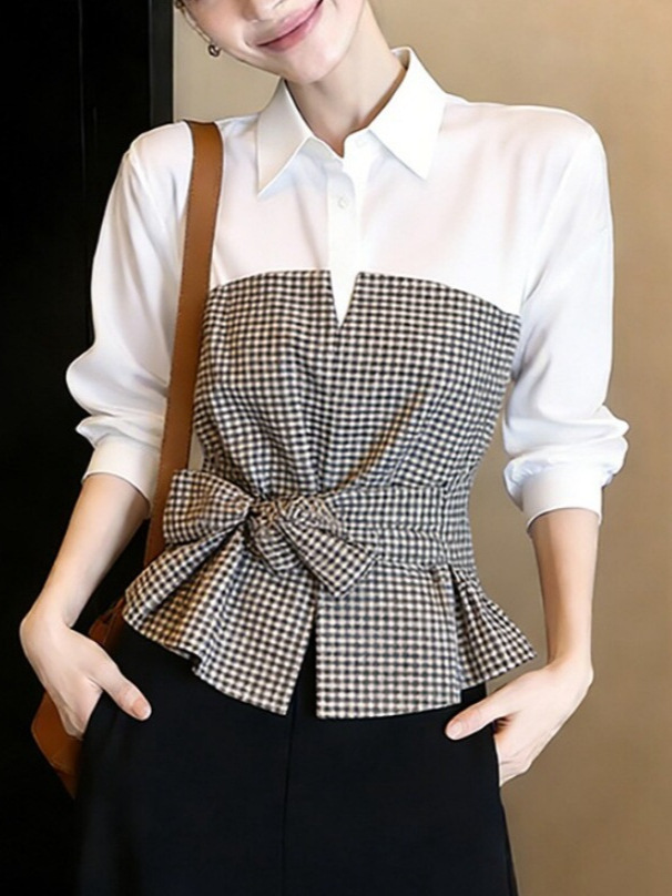 Women Formal Wear White Shirt - Neue weiß-schwarze Gingham-Patchwork-Bluse mit Kragen, langen