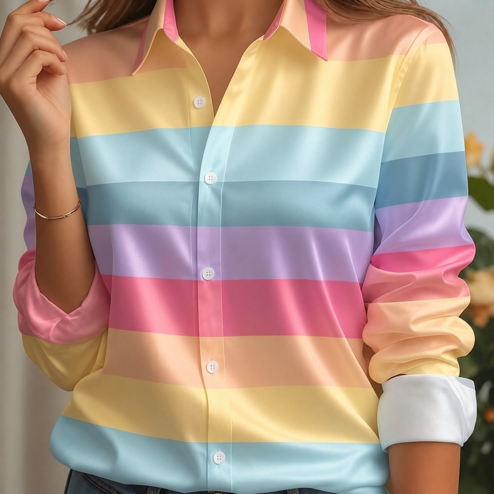 Silk Blouse Button - Damen Satin-Hemdbluse mit Reverskragen, Pastellfarbenem Streifenmuster,