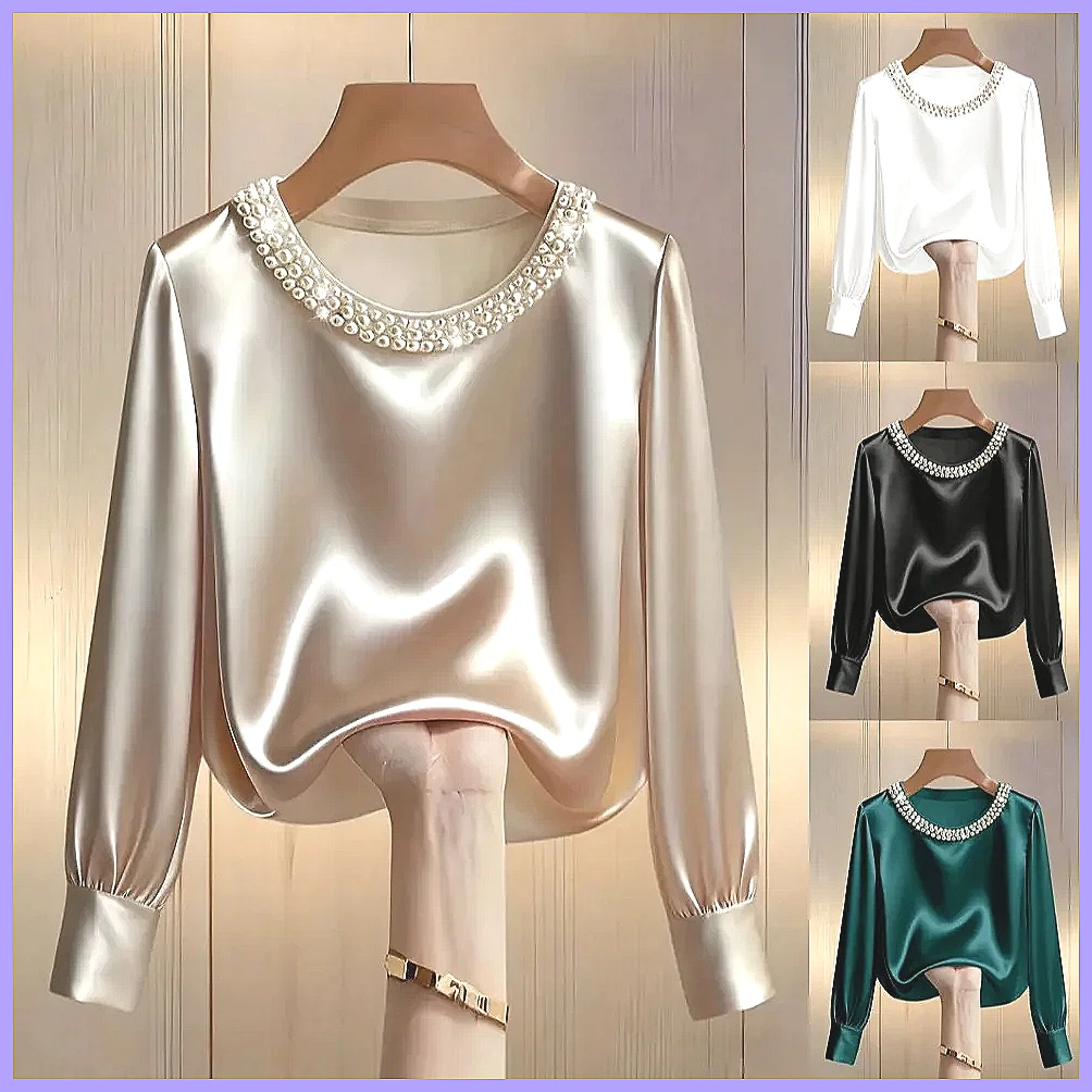 Silk Blouse Button - Elegante Perlenbesetzte Satin-Bluse für Damen, Locker