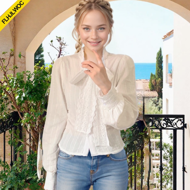 Women Formal Wear White Shirt - Retro Vintage Spitze Fliege Tops Nette