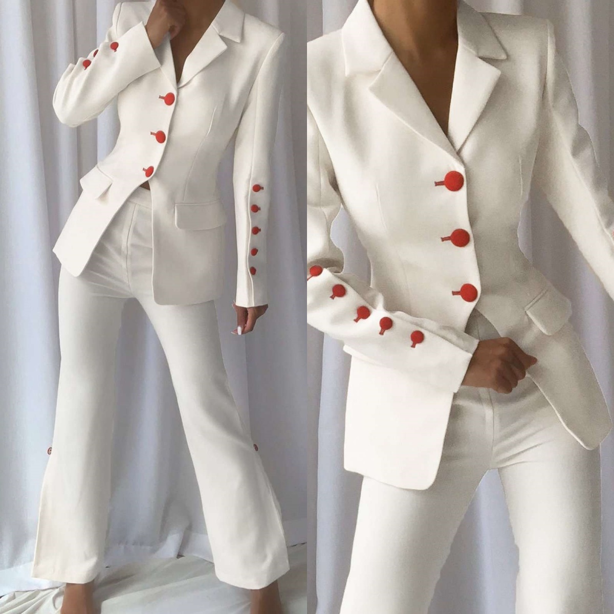 Women Formal Wear With Tie - Rot-weiße Damen-Büroanzüge, einreihiger Blazer, Hose mit