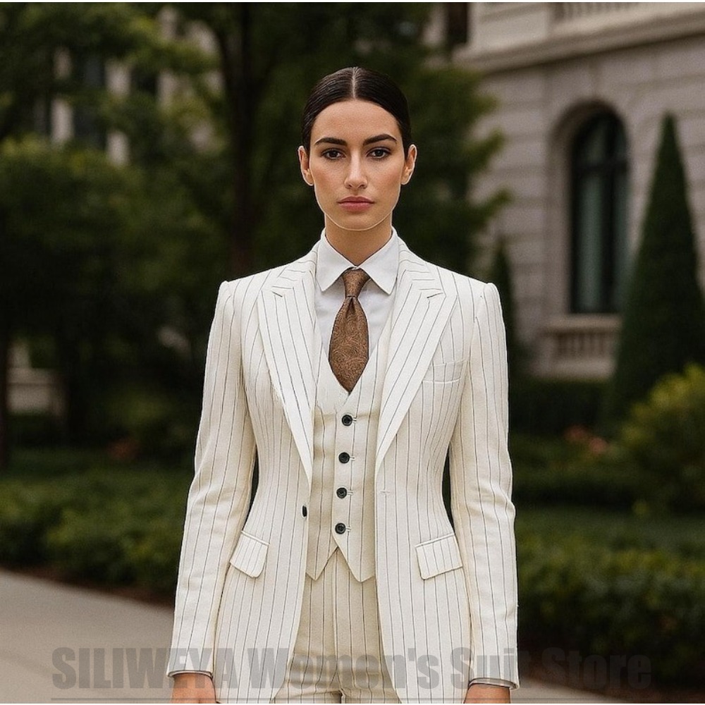 Women Formal Wear White Shirt - Weiß gestreifter Damenanzug, 3-teilig, schicker Blazer
