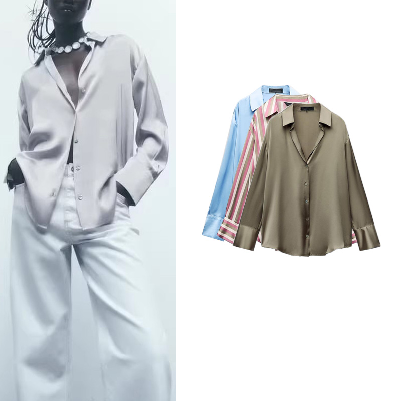 Silk Blouse Button - Klassischer Seidensatin-Look, neue Frühjahrskollektion, langärmliger Polyesterstoff,