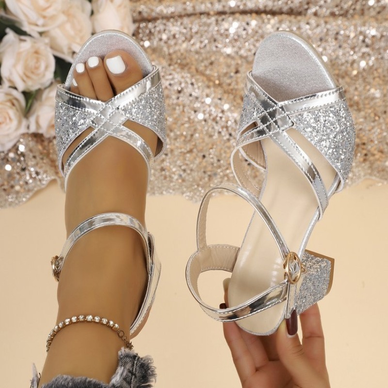 Women'S Formal Wear To A Wedding - Damen Blockabsatz-Sandalen Gold Glitzernde Kreuzriemen Knöchelriemen