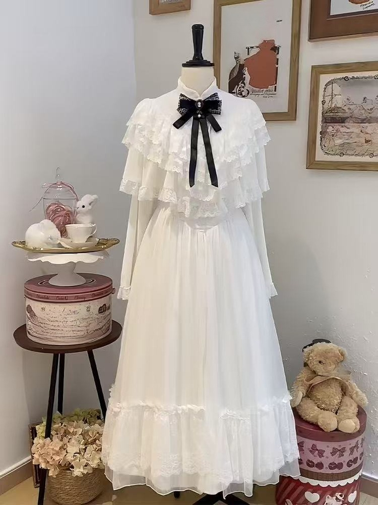 Women'S Elegant Formal Wear - Japanisches Kurzarm-Spitzenkleid mit Schleife, weiß, schmaler