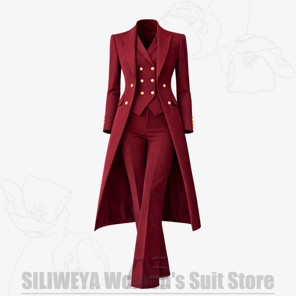 Women'S Elegant Formal Wear - Damenanzug 3-teilig Doppelreihiger Langer Mantel Weste
