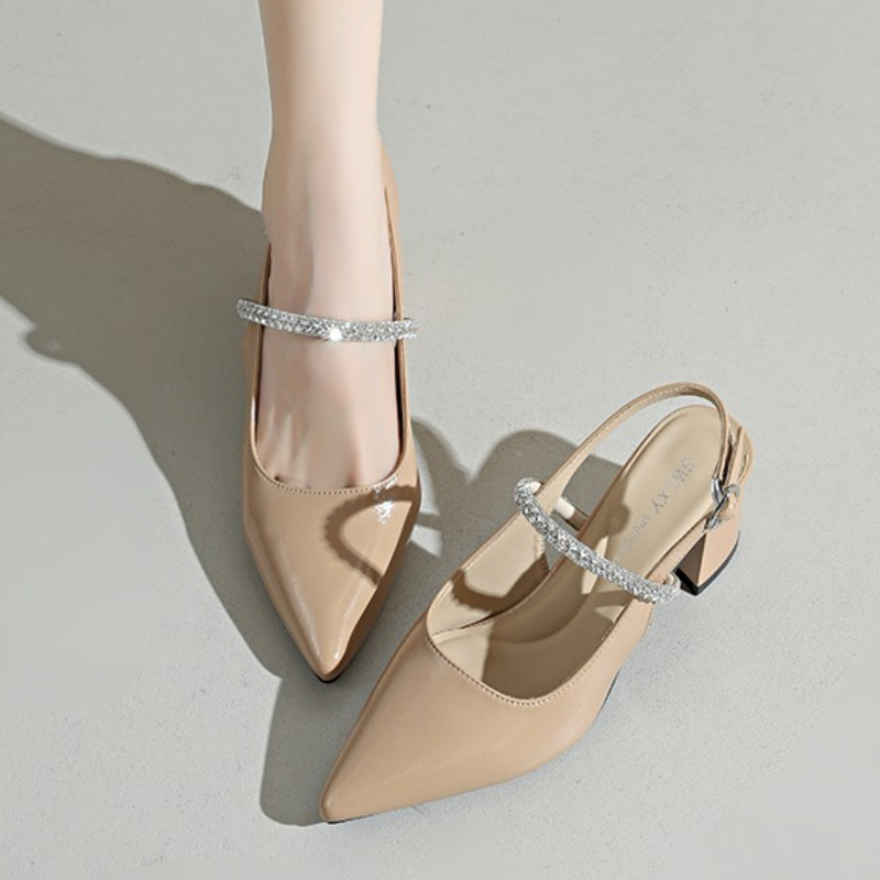 Formal Women Daily Wear Shoes - Damen Pumps mit eckiger Spitze, Strass-Knöchelriemen,