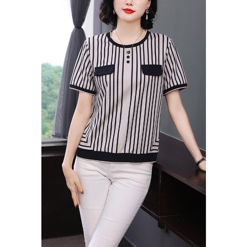 Silk Blouse Button - Damen Gestreiftes Eisseide T-Shirt Kurzarm Lässige