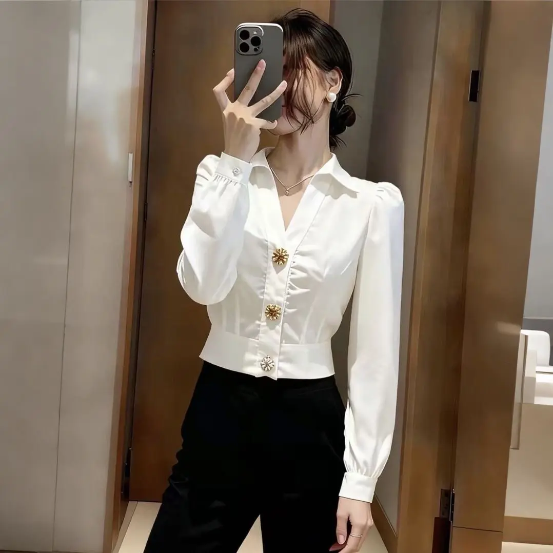 Elegante weiße V-Ausschnitt-Bl – Women Formal Wear White Shirt Bewertung und Preis