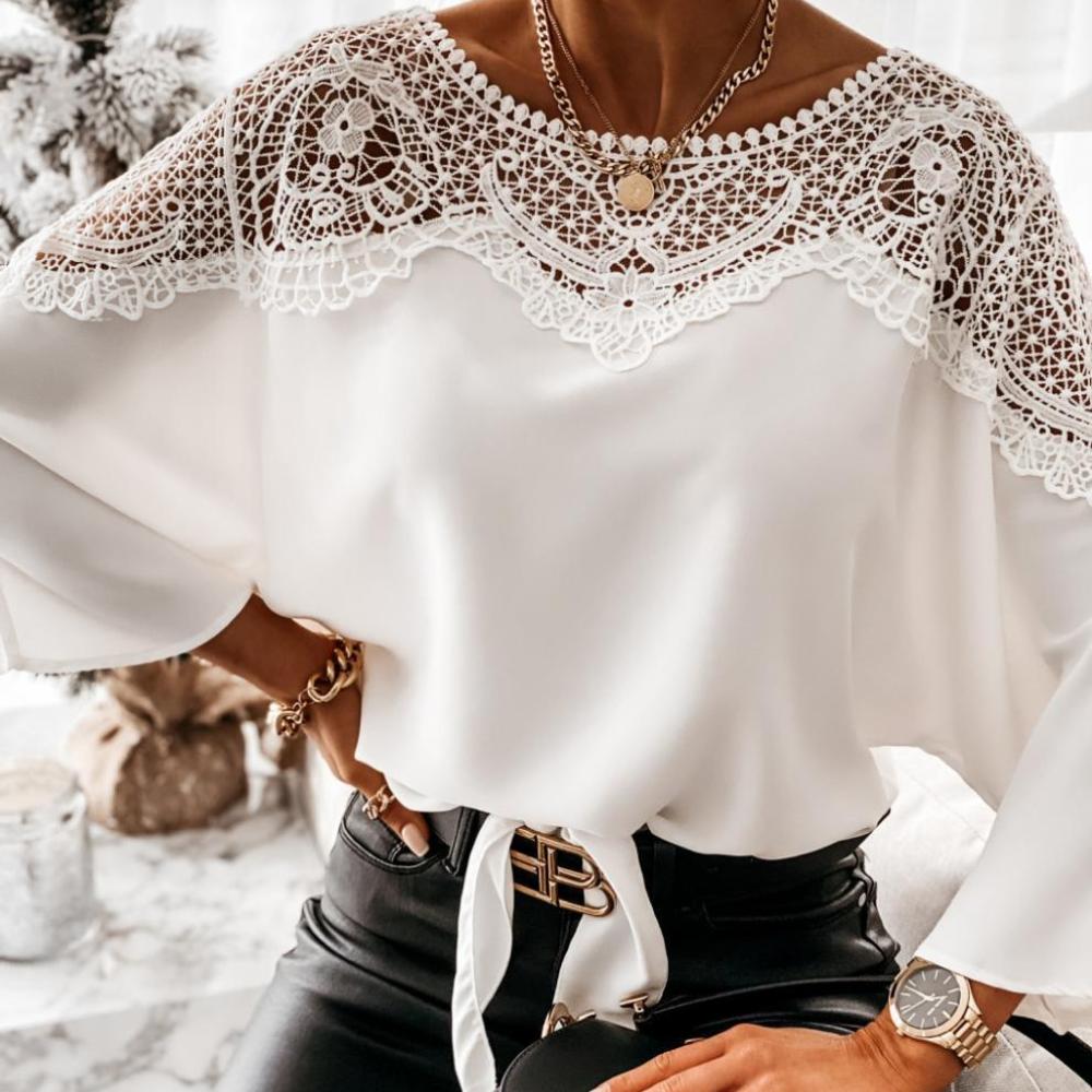 Klassische Langarm-Spitzenblus – Women Formal Wear White Shirt Bewertung und Preis