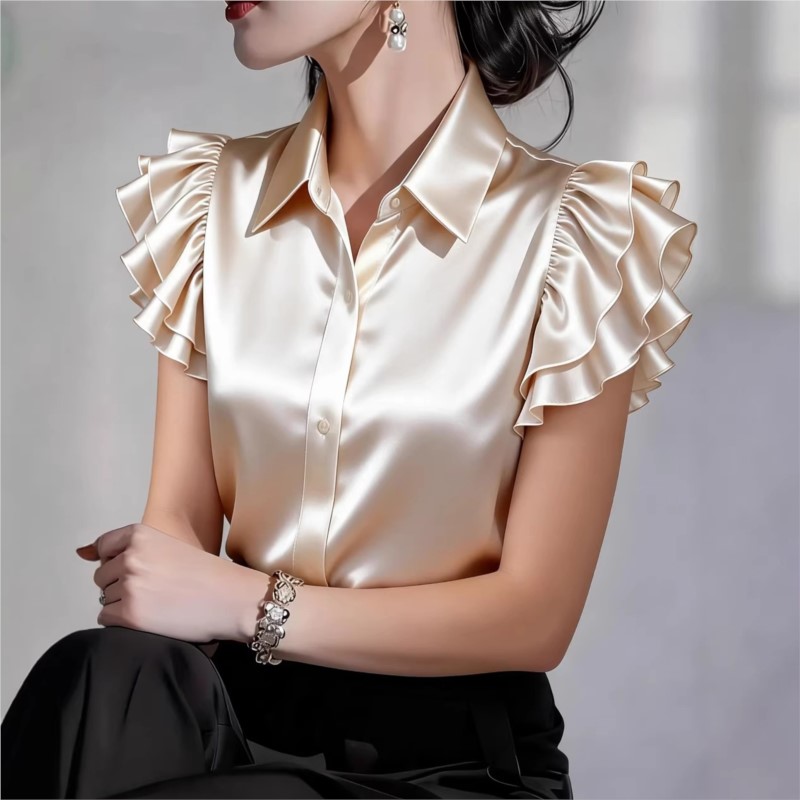 Lässige Rüschenbluse mit kurze – Silk Blouse Button Bewertung und Preis