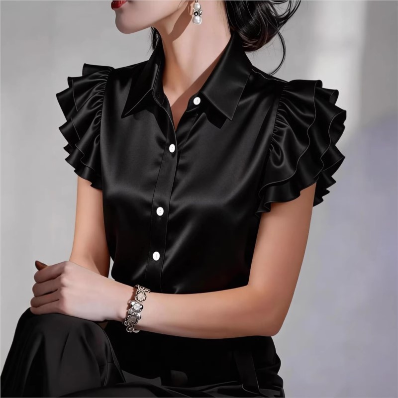 Lässige Rüschenbluse mit kurze – Silk Blouse Button Bewertung und Preis