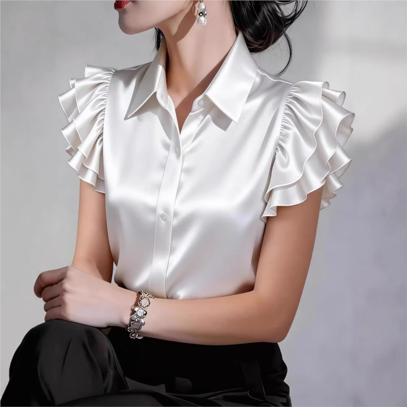 Lässige Rüschenbluse mit kurze – Silk Blouse Button Bewertung und Preis