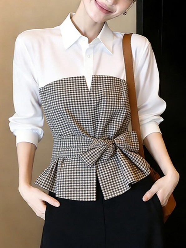 Neue weiß-schwarze Gingham-Pat – Women Formal Wear White Shirt Bewertung und Preis
