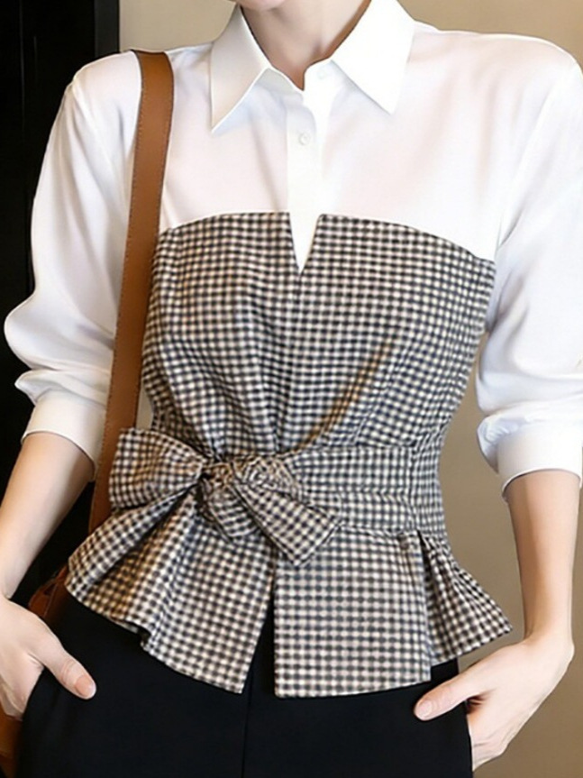 Neue weiß-schwarze Gingham-Pat – Women Formal Wear White Shirt Bewertung und Preis