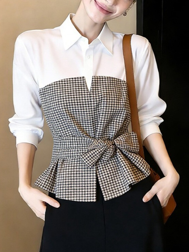 Neue weiß-schwarze Gingham-Pat – Women Formal Wear White Shirt Bewertung und Preis