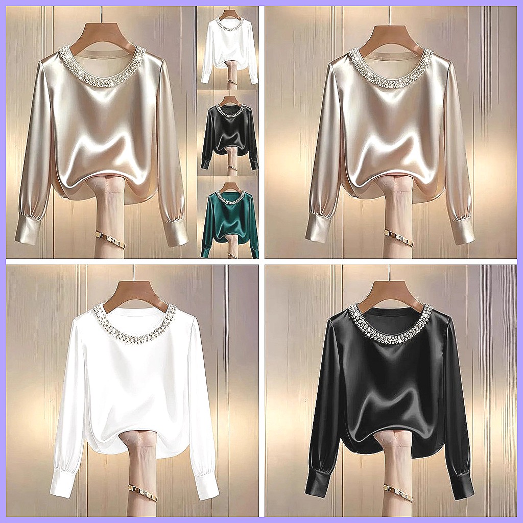Elegante Perlenbesetzte Satin- – Silk Blouse Button Bewertung und Preis