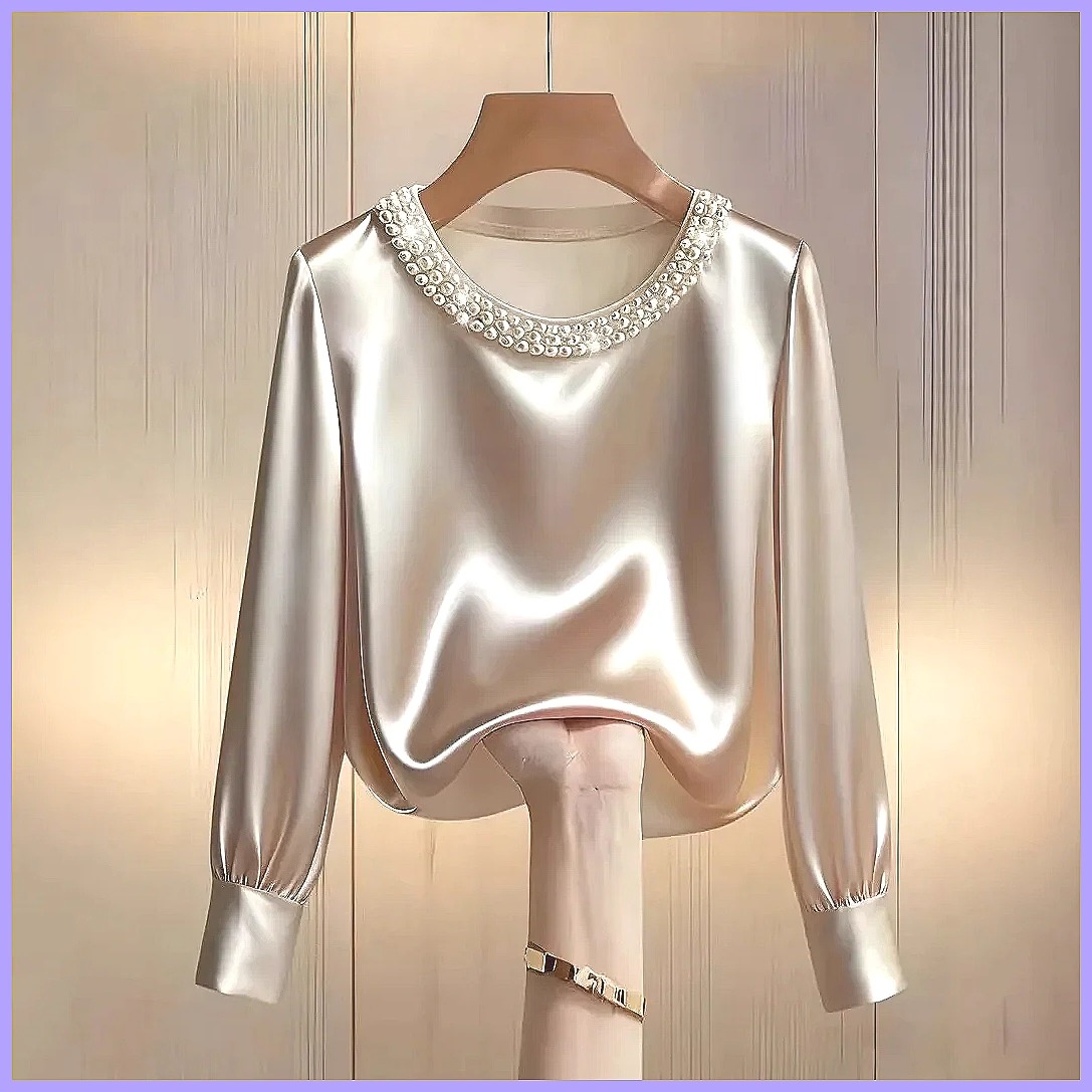 Elegante Perlenbesetzte Satin- – Silk Blouse Button Bewertung und Preis