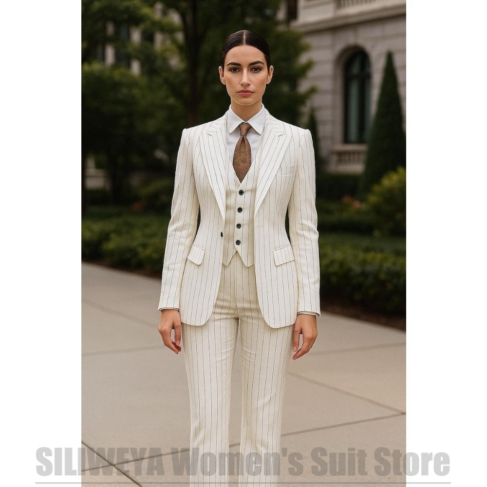 Weiß gestreifter Damenanzug, 3 – Women Formal Wear White Shirt Bewertung und Preis